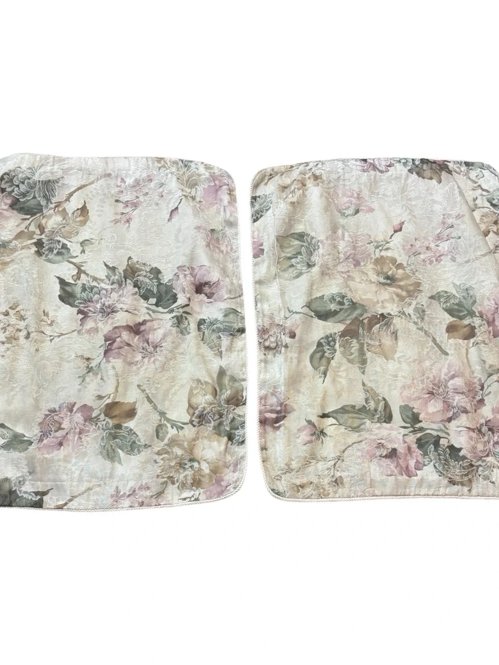 2 Burlington Home Floral Damask Standard Pillow Shams Beige Mauve Rose Rope Edge